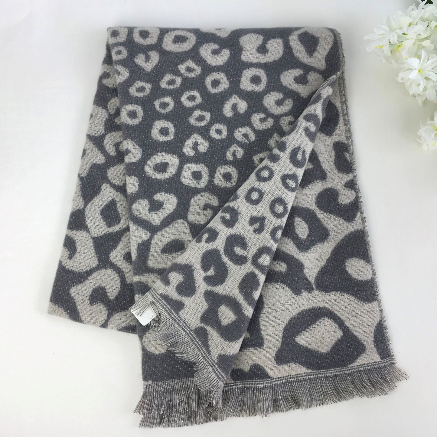 Grey and Beige Leopard Print Scarf