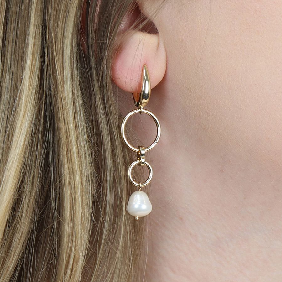 Golden double hoop and pearl drop earrings