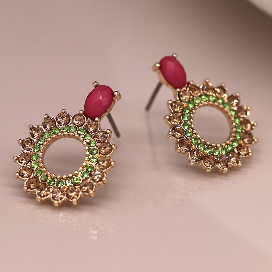 Golden finish pink stone and green crystal wreath earrings