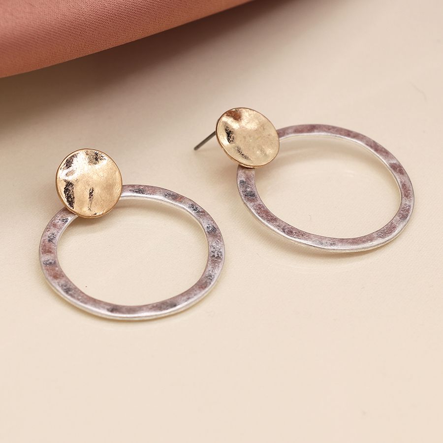 Golden organic disc and silver plated hoop earrings