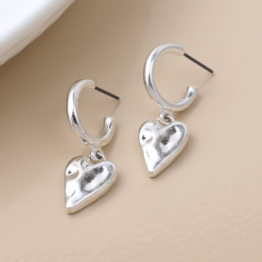 Silver plated worn finish heart hoop earrings – Lily rose