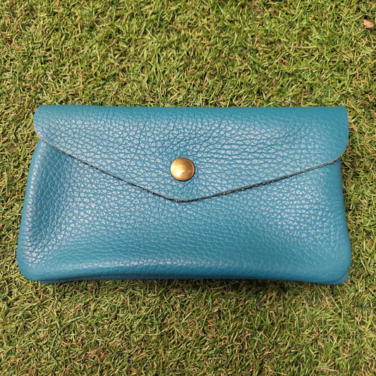 Large Leather Button Purse Teal Blue
