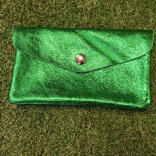 Large Metallic Leather Button Purse Green