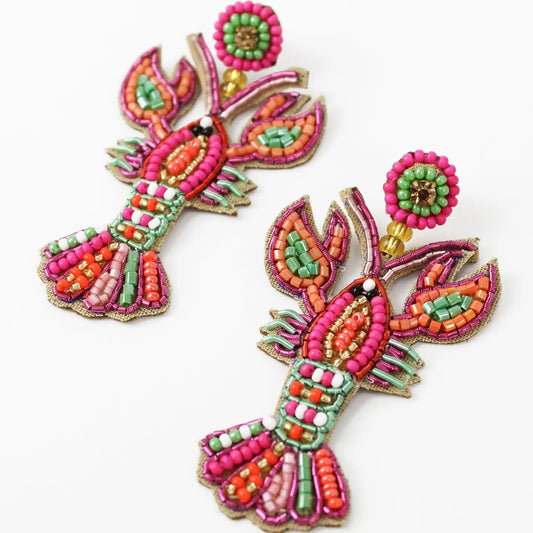 Rainbow Pink Beaded Lobster Earrings