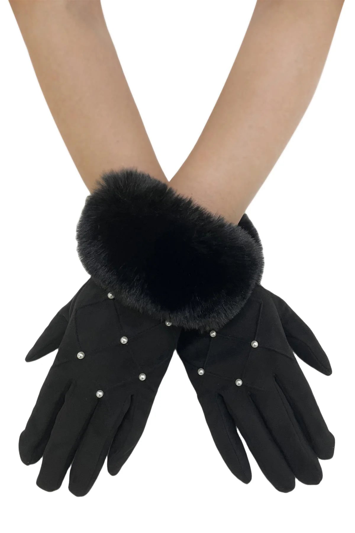 Pearl Diamond Print Faux Fur Trim Touch Screen Gloves