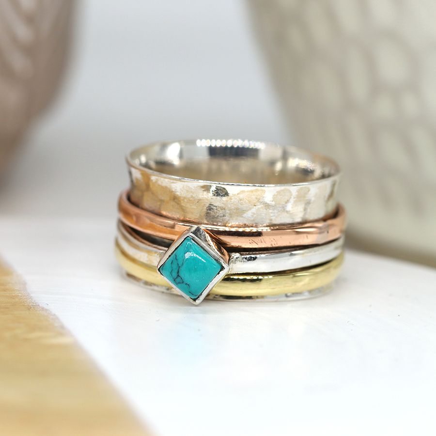 Sterling silver mixed band and turquoise spinning ring