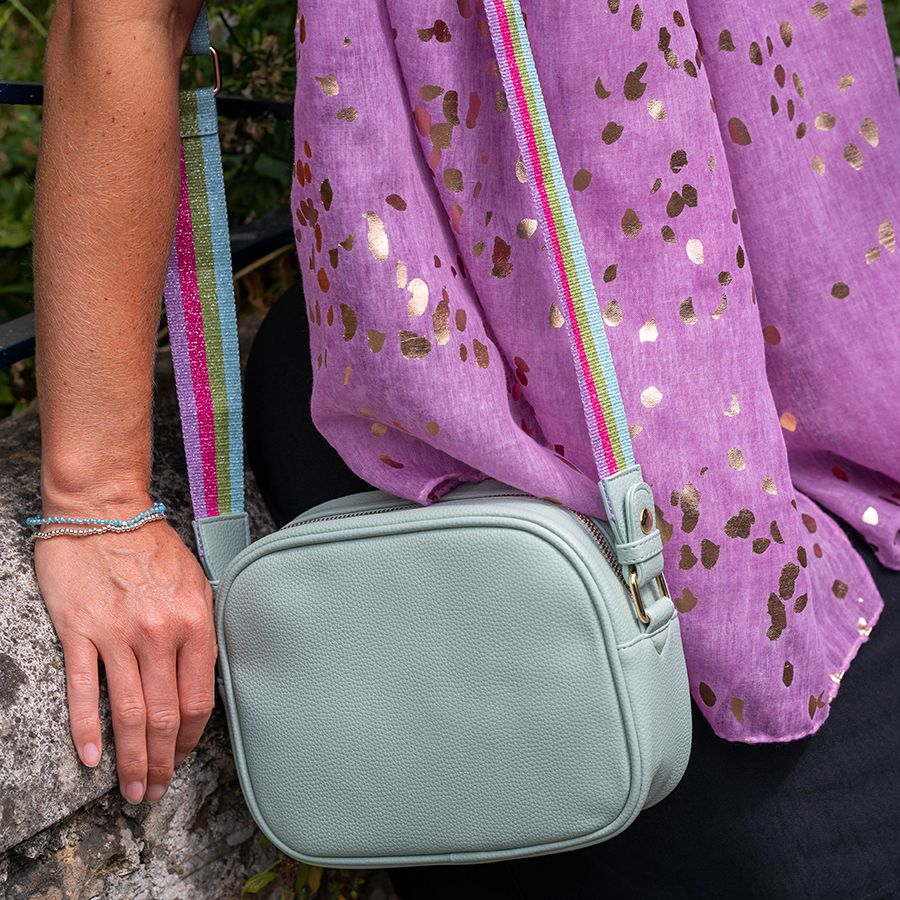 Mint Vegan Leather camera bag with striped strap