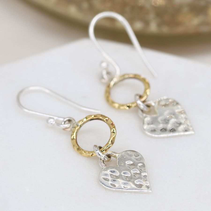 Sterling silver hammered heart and brass hoop drop earrings