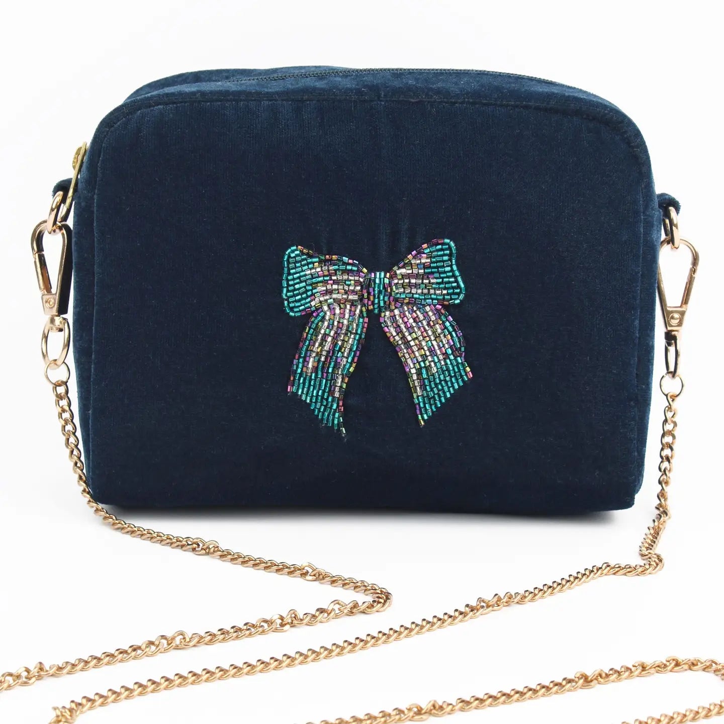 Navy Velvet Silver Blue Bow Crossbody Bag