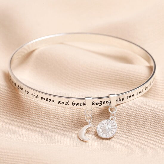 Moon and Sun Meaningful Word Bangle in Silver