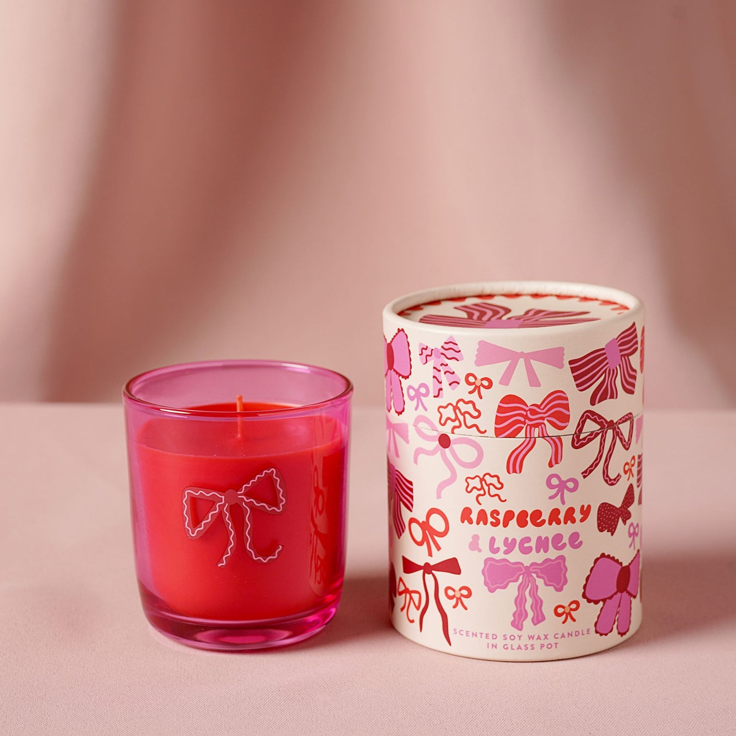 Raspberry Blossom Pink Glass Fragranced Candle - Bows