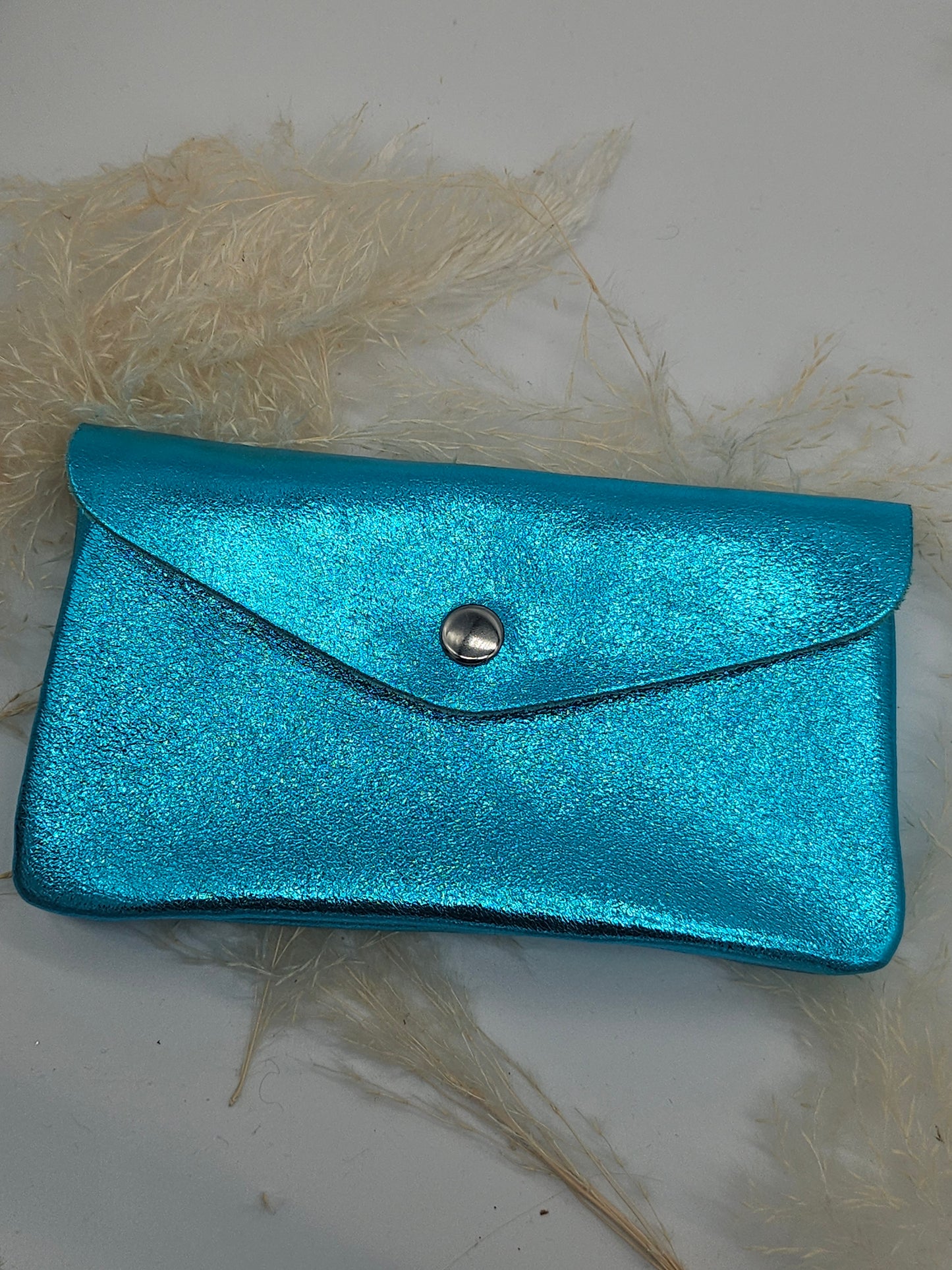Large Metallic Leather Button Purse light blue