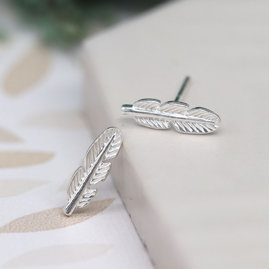 Tiny sterling silver fine feather stud earrings