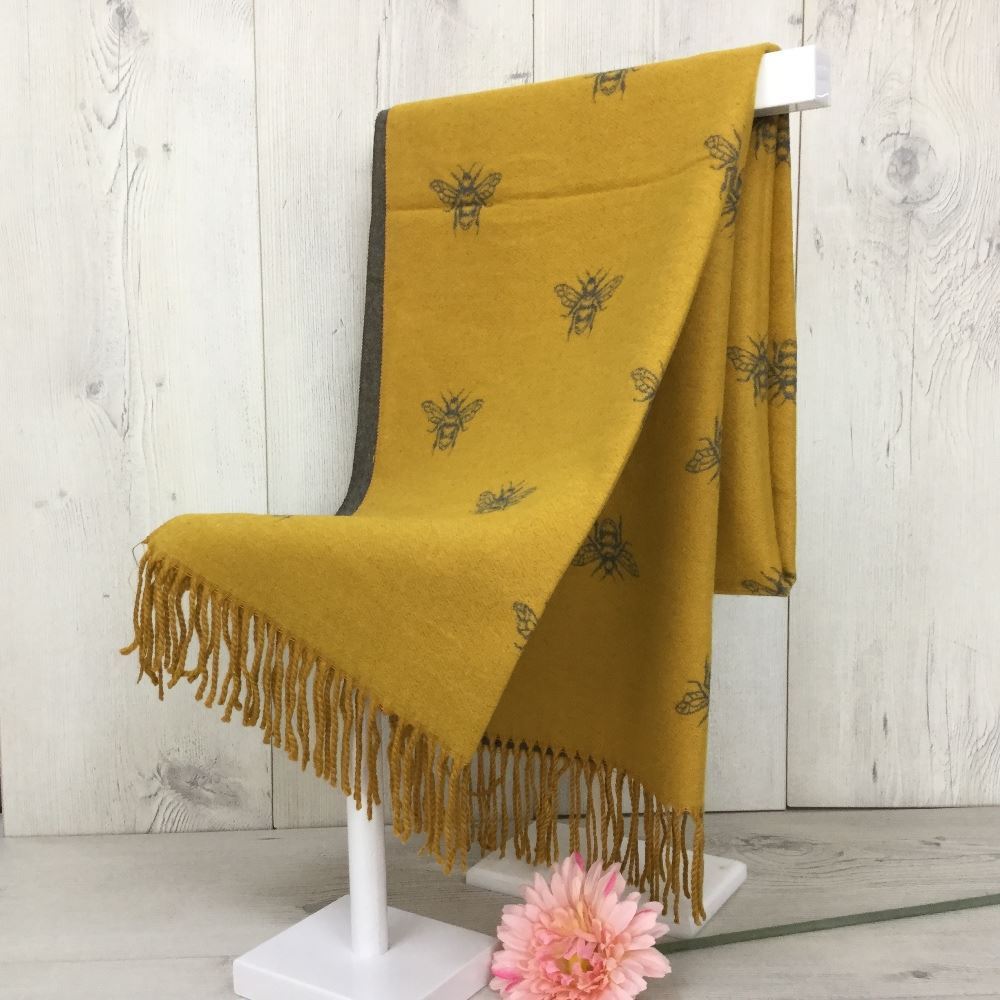 mustard and grey bee scarf with tastles
