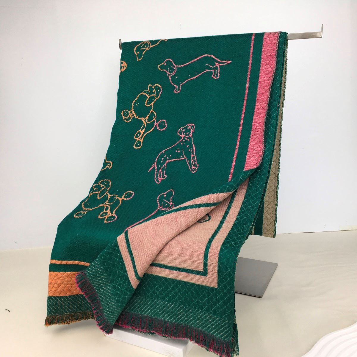 Dark Green and pink dog illustration scarf