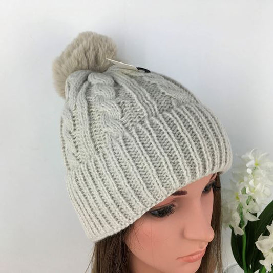 Beige Knitted Pom Pom Hat