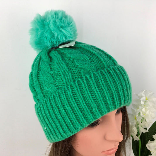 Green Knitted Pom Pom Hat