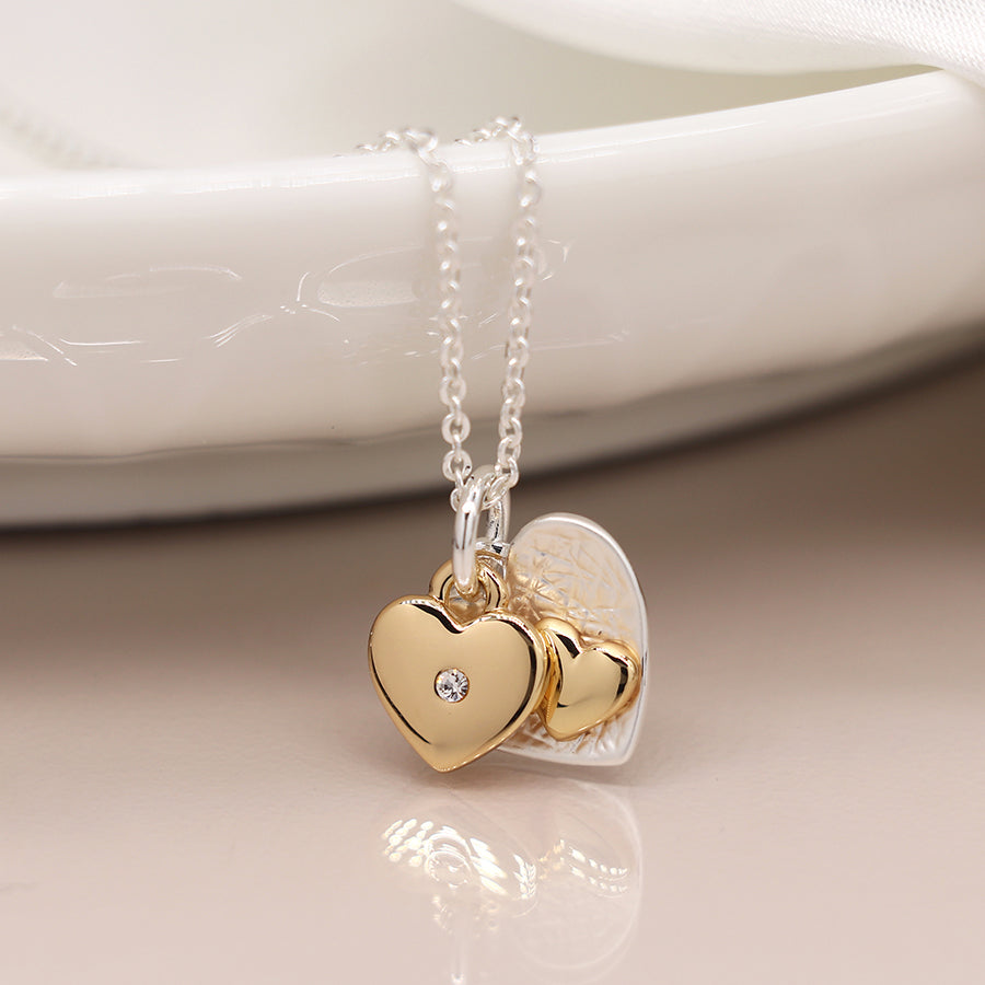 Silver and gold plated double heart necklace