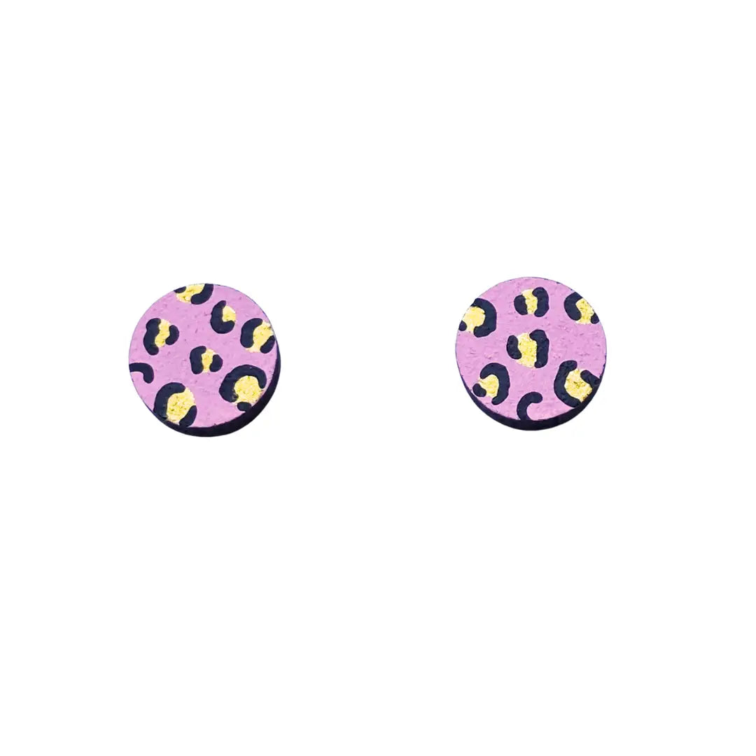 Mini Leopard Print Circle Studs Pink and Gold