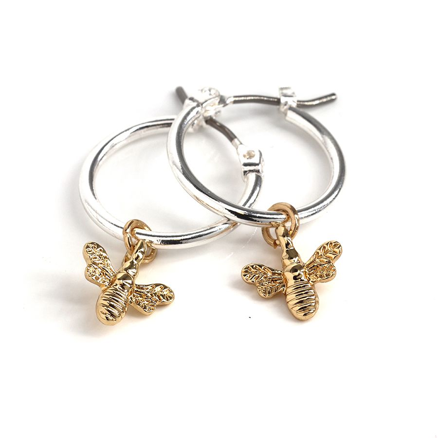 Silver plated hoop earrings with golden bee charm