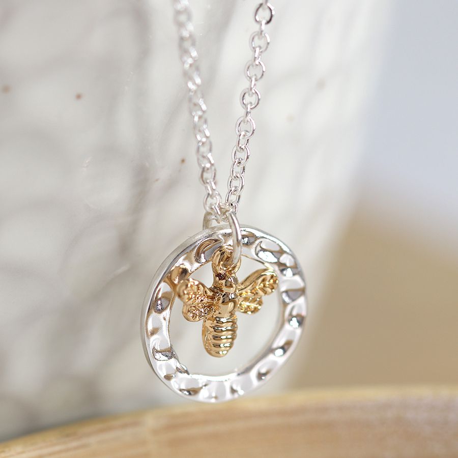 Silver plated hammered hoop and golden bee necklace