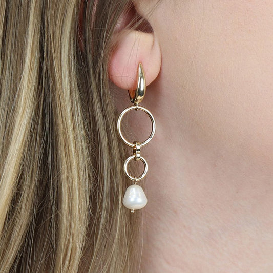 Golden double hoop and pearl drop earrings