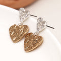Double beaten heart earrings in gold and silver