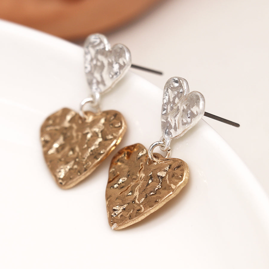 Double beaten heart earrings in gold and silver