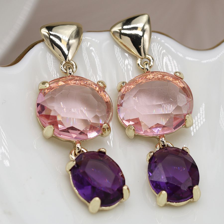 Golden triangle and pink/purple glass earrings