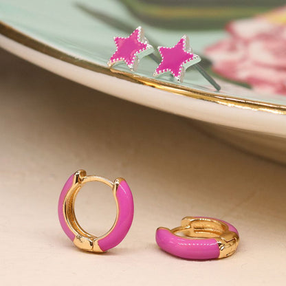 Golden and pink enamel hoop and star earring duo