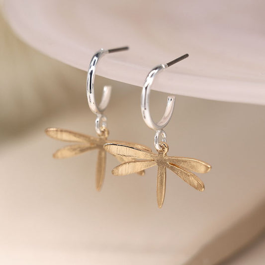 Silver plated hoop and golden dragonfly earrings