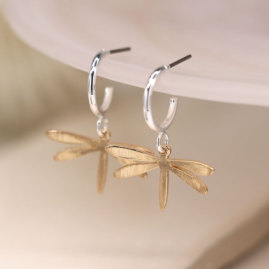 Silver plated hoop and golden dragonfly earrings
