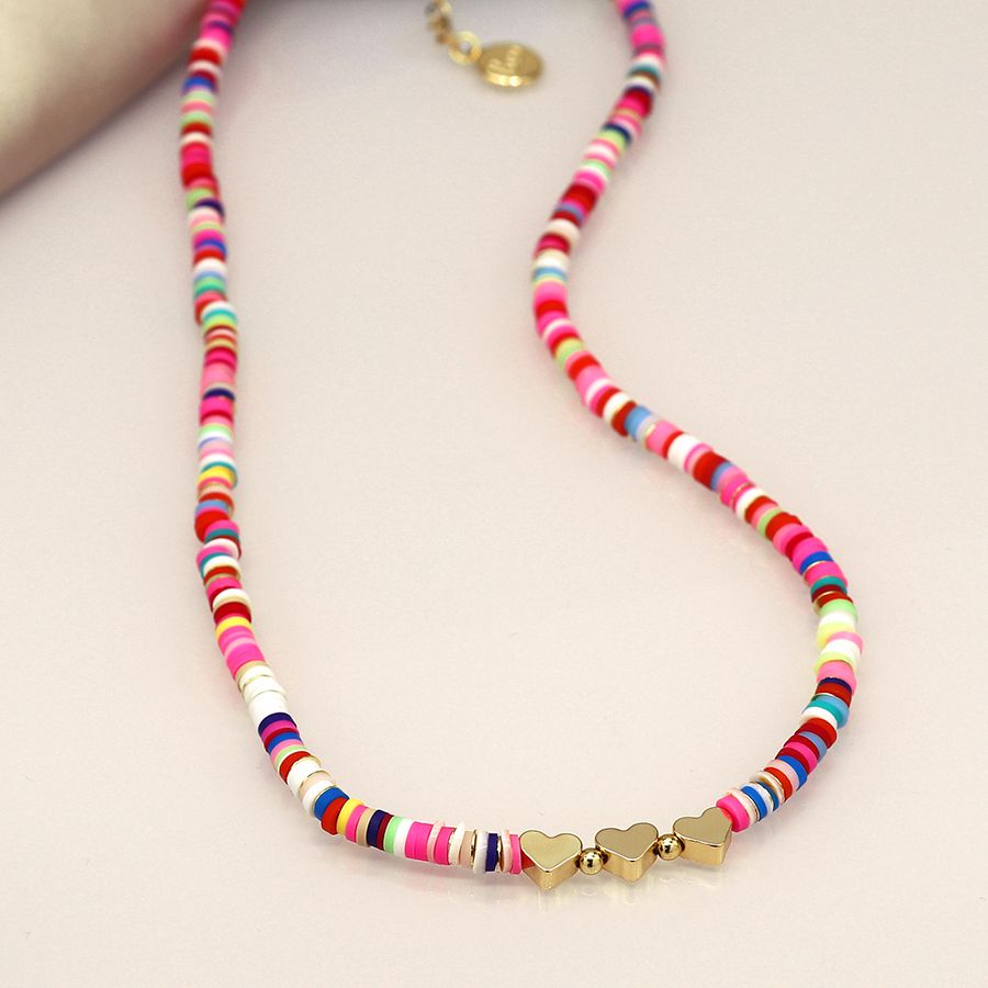 Rainbow fimo bead and golden hearts necklace