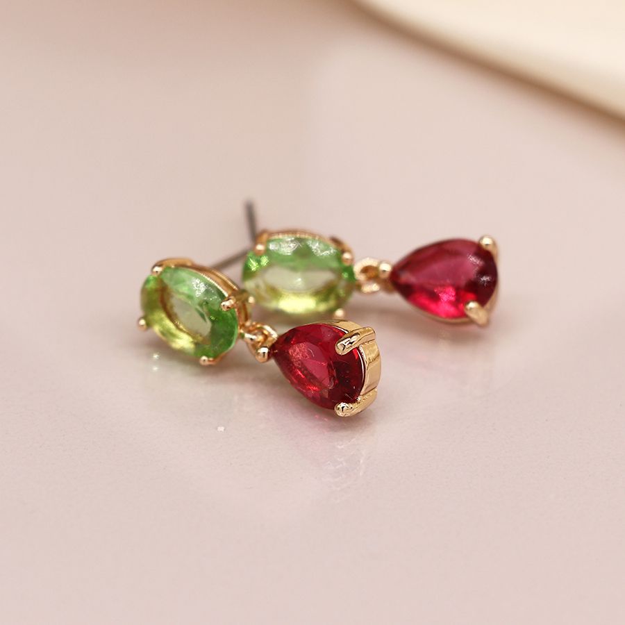 Golden double drop pink and green crystal earrings