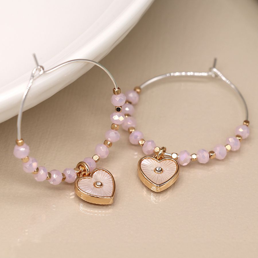 Silver plated wire hoop, pink bead and shell heart earrings