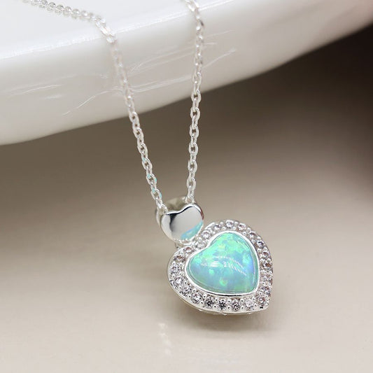 Silver plated blue opal heart necklace with crystal border