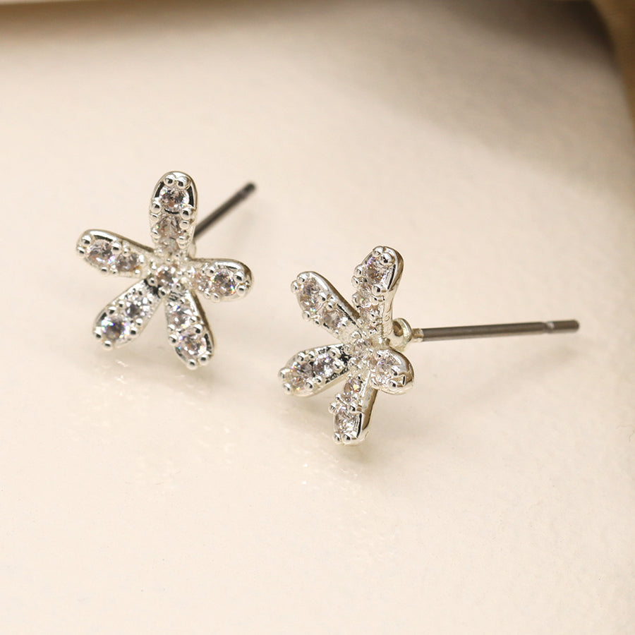 Silver plated crystal flower studs