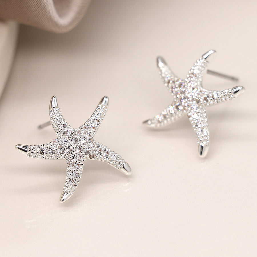 Silver plated crystal starfish studs