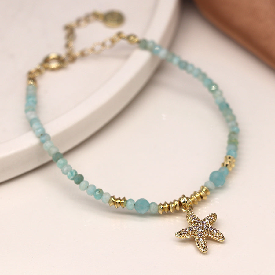 Golden aqua bead and crystal starfish bracelet