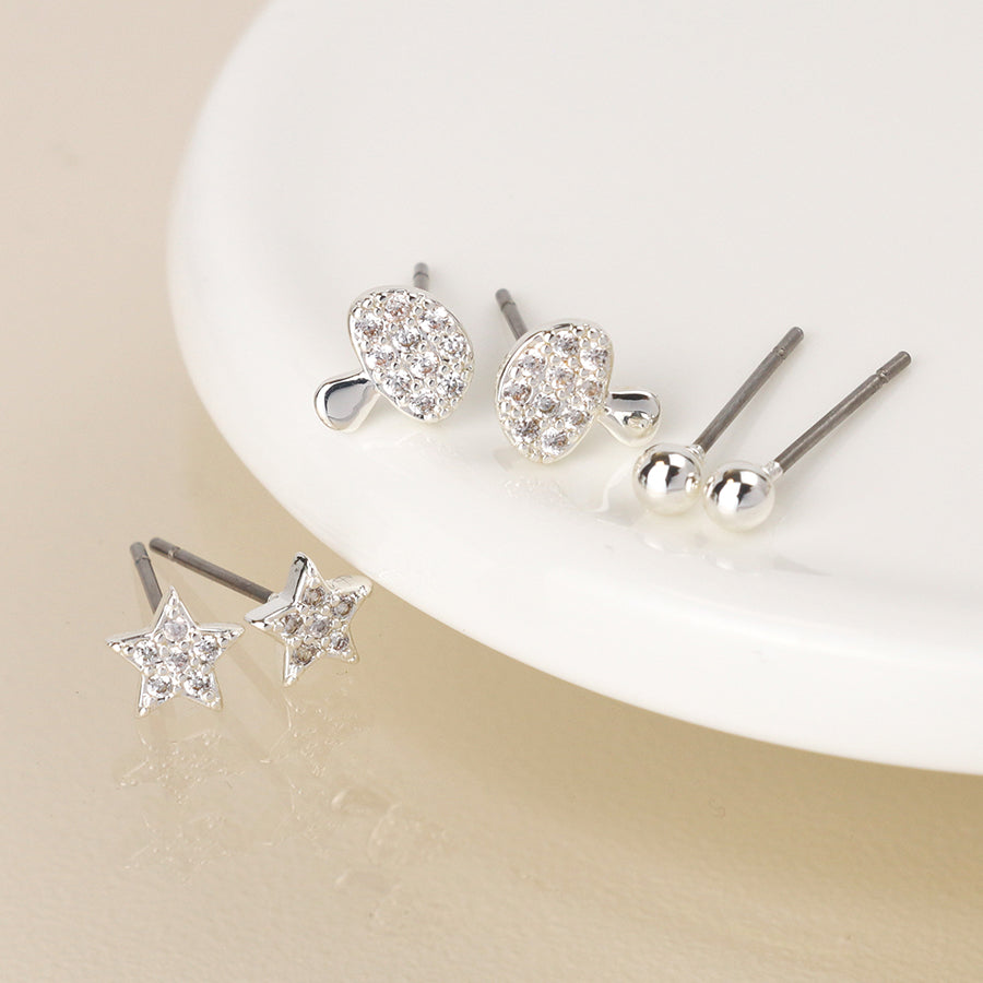 Silver plated triple toadstool and flower earring set