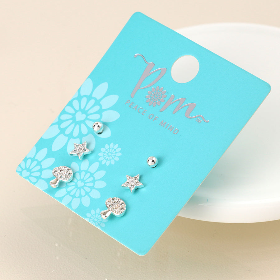 Silver plated triple toadstool and flower earring set