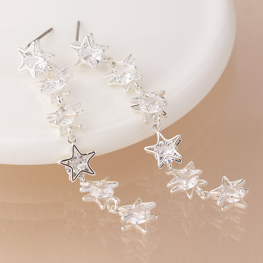 Silver plated crystal centered multi star drop earrings