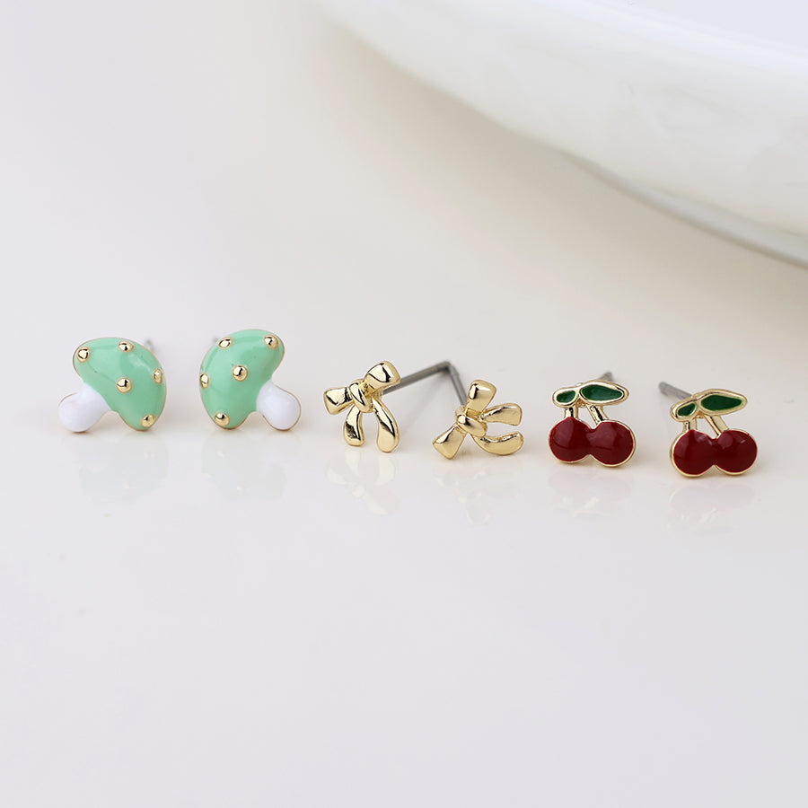 Golden Toadstool, Bow, & Cherry Stud Earring Set