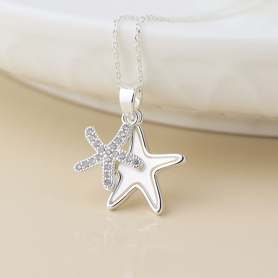 Silver plated double starfish necklace