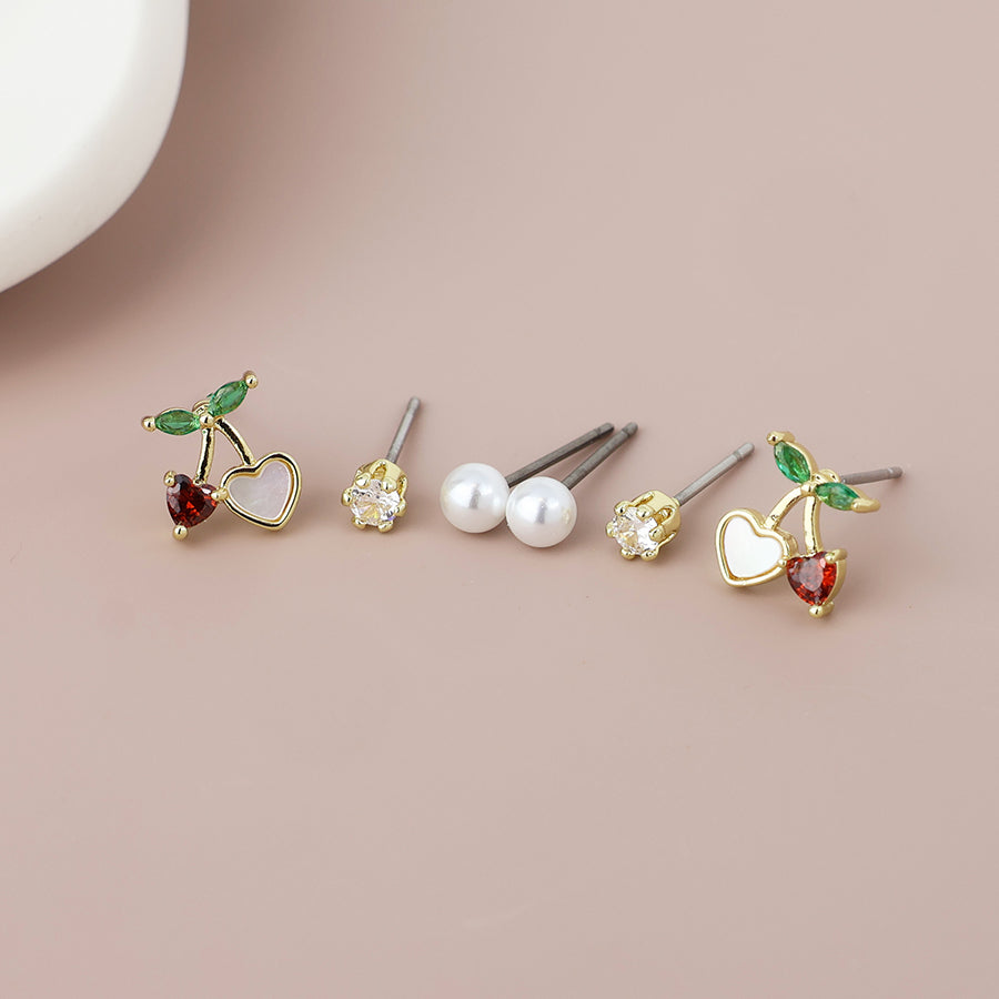 Charlie golden pearl, crystal and cherry heart triple earrings set