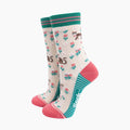 Tabby Cat Floral Bamboo Socks in Cream