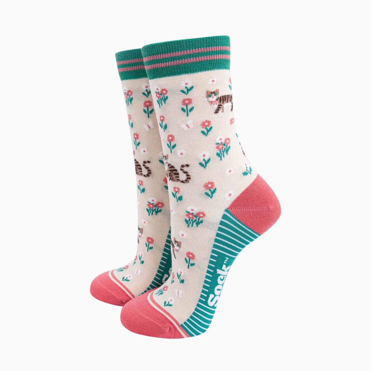 Tabby Cat Floral Bamboo Socks in Cream
