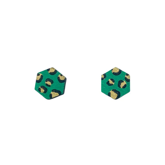 Mini Hexagon Leopard Print Hand Painted Studs Green and Gold