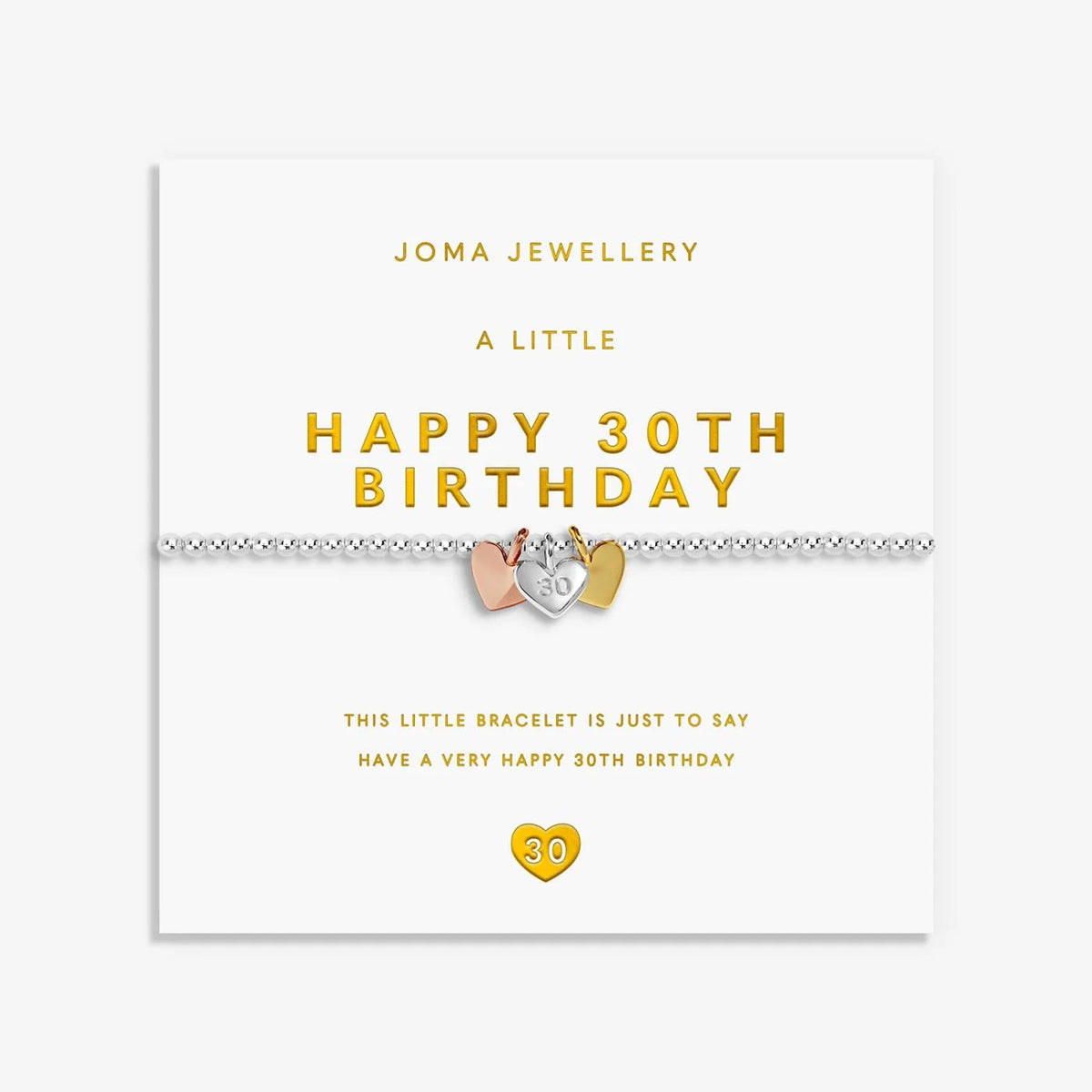A Little Charmed Moments 'Happy 30th Birthday' Bracelet In Silver, Gold, and Rose Gold Plating