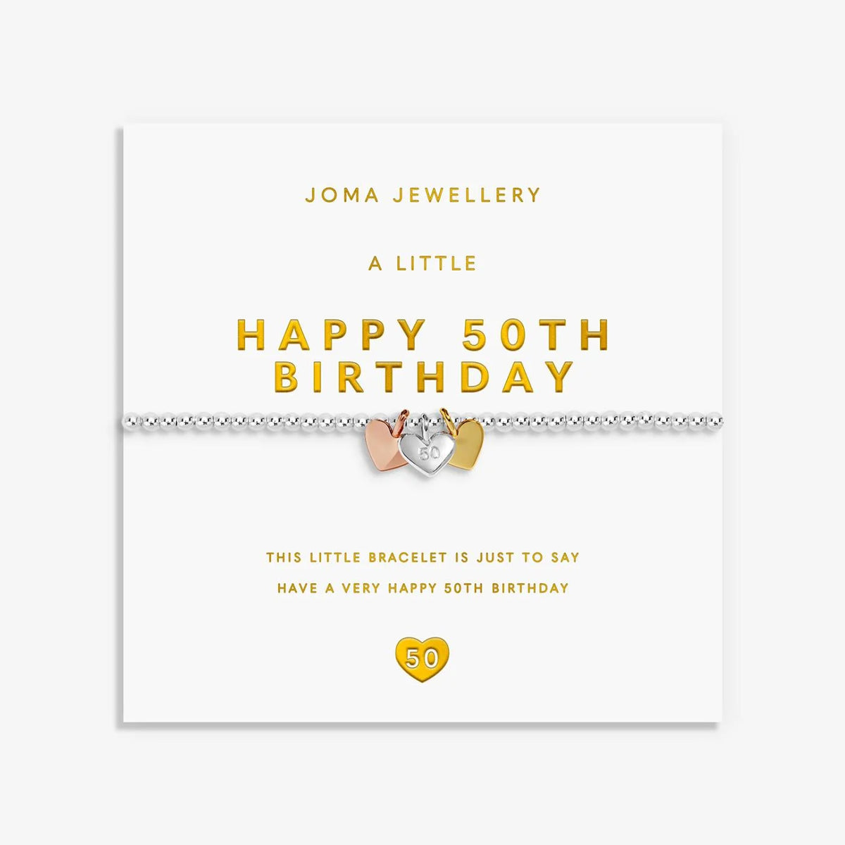 A Little Charmed Moments 'Happy 50th Birthday' Bracelet In Silver, Gold, and Rose Gold Plating